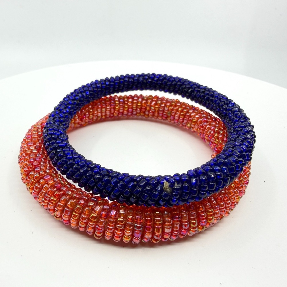 Boho Glass Seed Bead Roll On Bangle Bracelet Set Chunky Blue Pink Statement